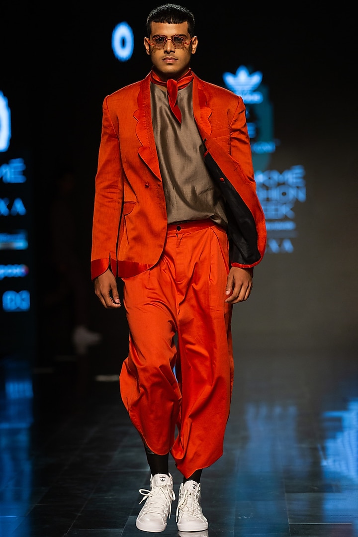 Burnt Orange Cotton Silk Jacket by Antar Agni Men