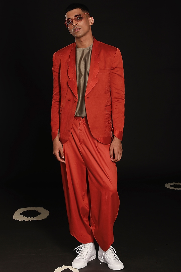 Burnt Orange Cotton Silk Jacket by Antar Agni Men at Pernia's Pop