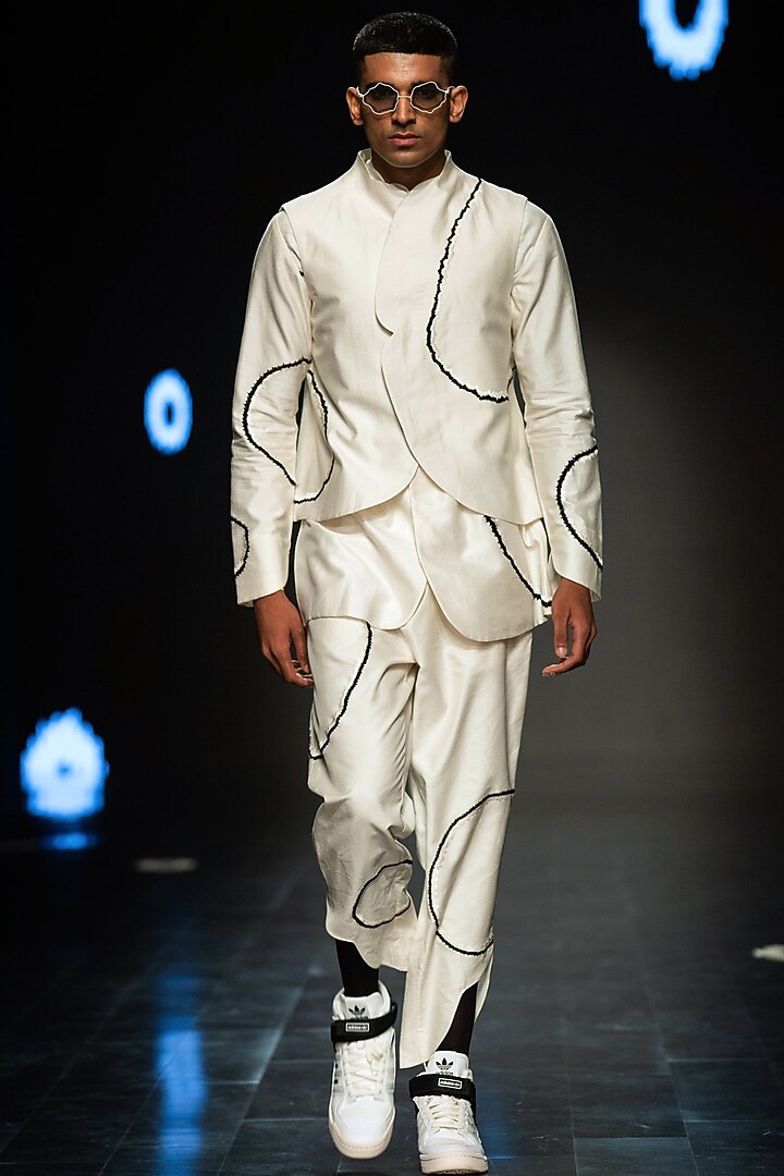 Ivory Cotton Silk Motif Embroidered Waistcoat by Antar Agni Men at Pernia's Pop Up Shop