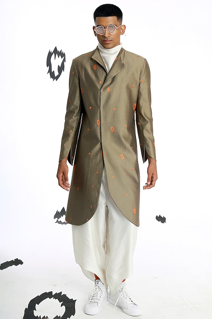 Mud Green Cotton Silk Cross-Over Jacket by Antar Agni Men