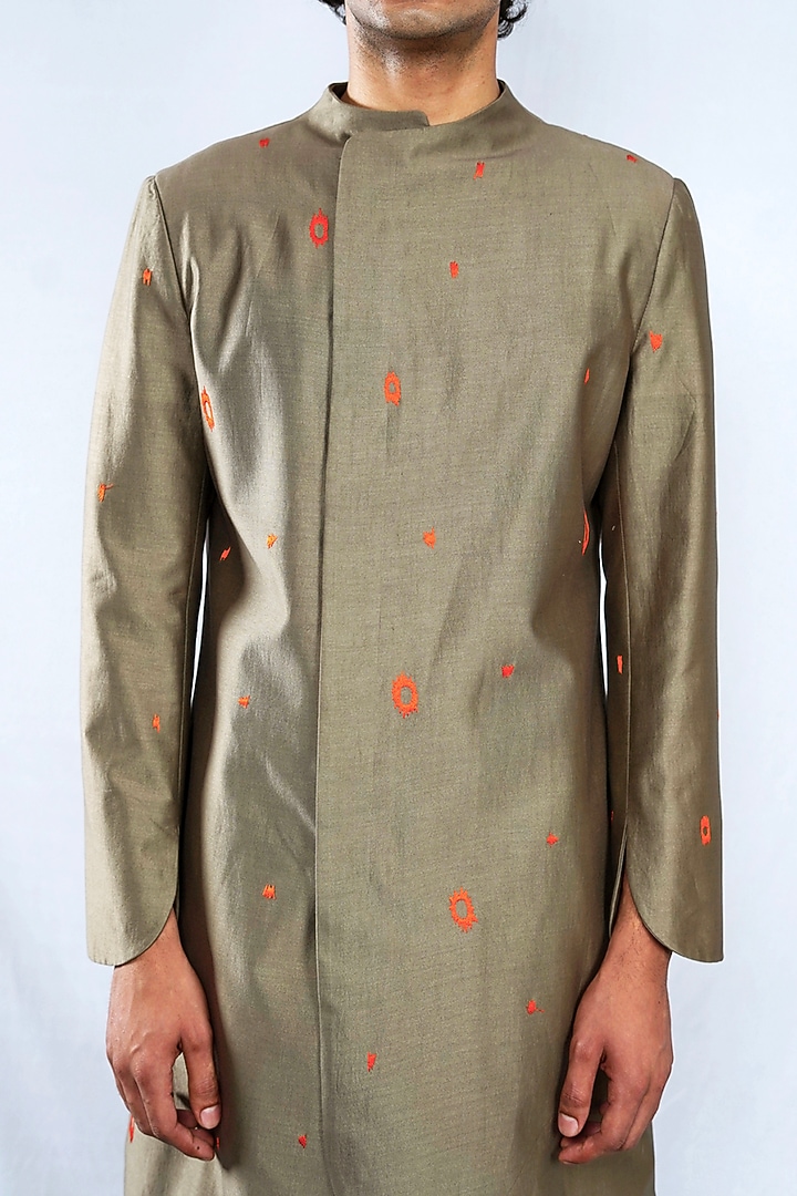 Mud Green Cotton Silk Cross-Over Jacket by Antar Agni Men at Pernia's Pop Up Shop