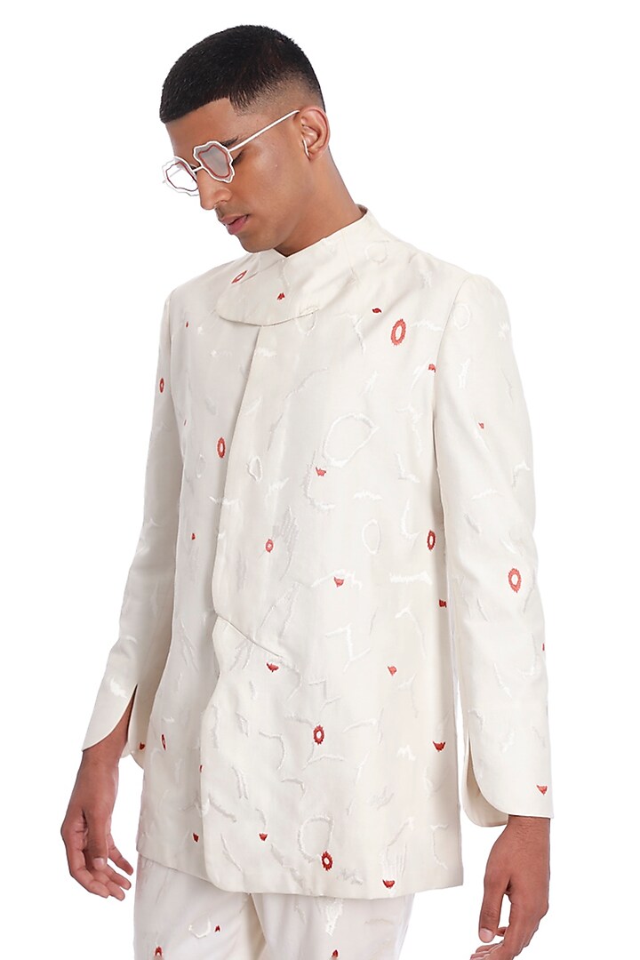 Ivory Cotton Silk Embroidered Wedding Bandhgala by Antar Agni Men at Pernia's Pop Up Shop