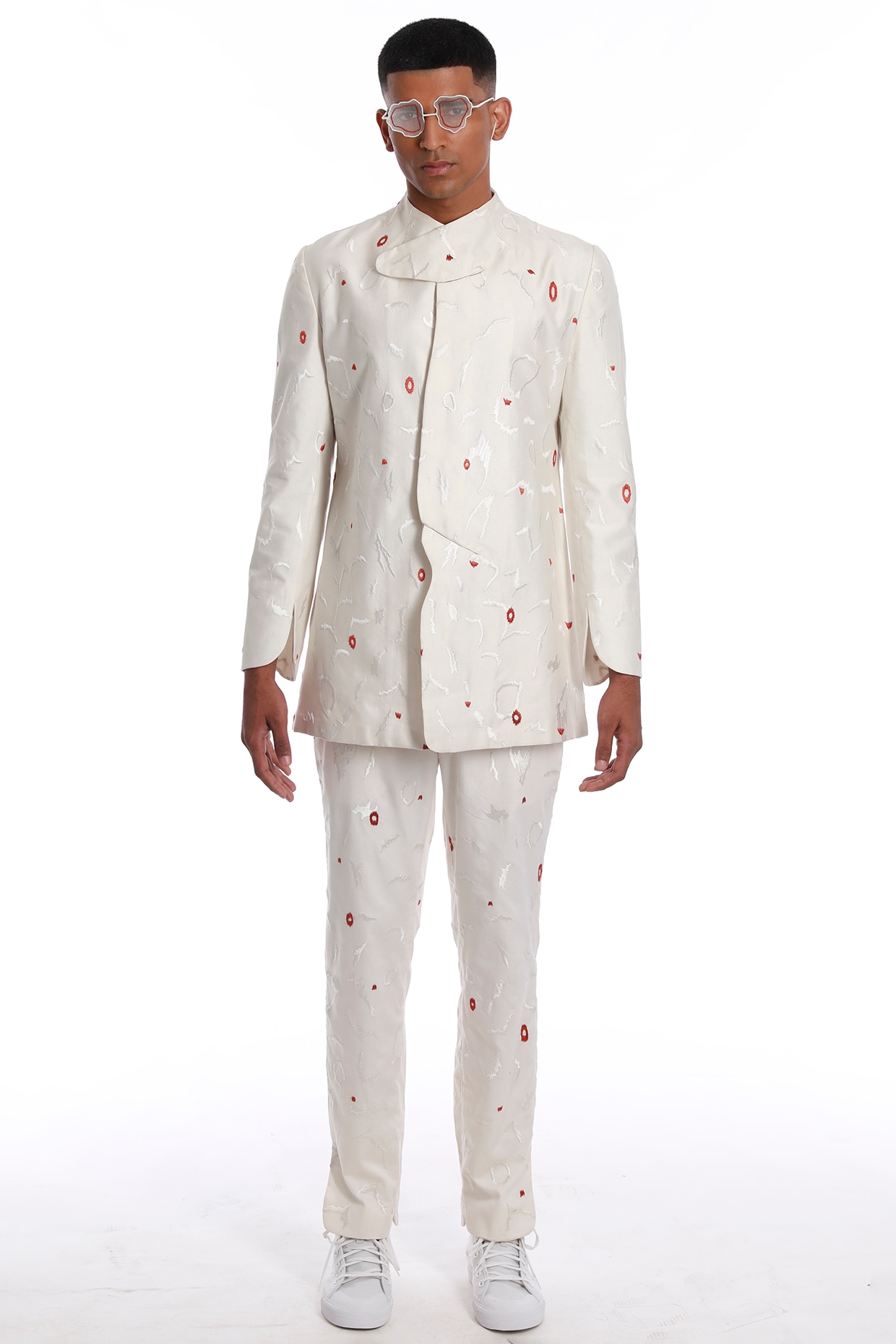 Ivory Cotton Silk Embroidered Trousers 