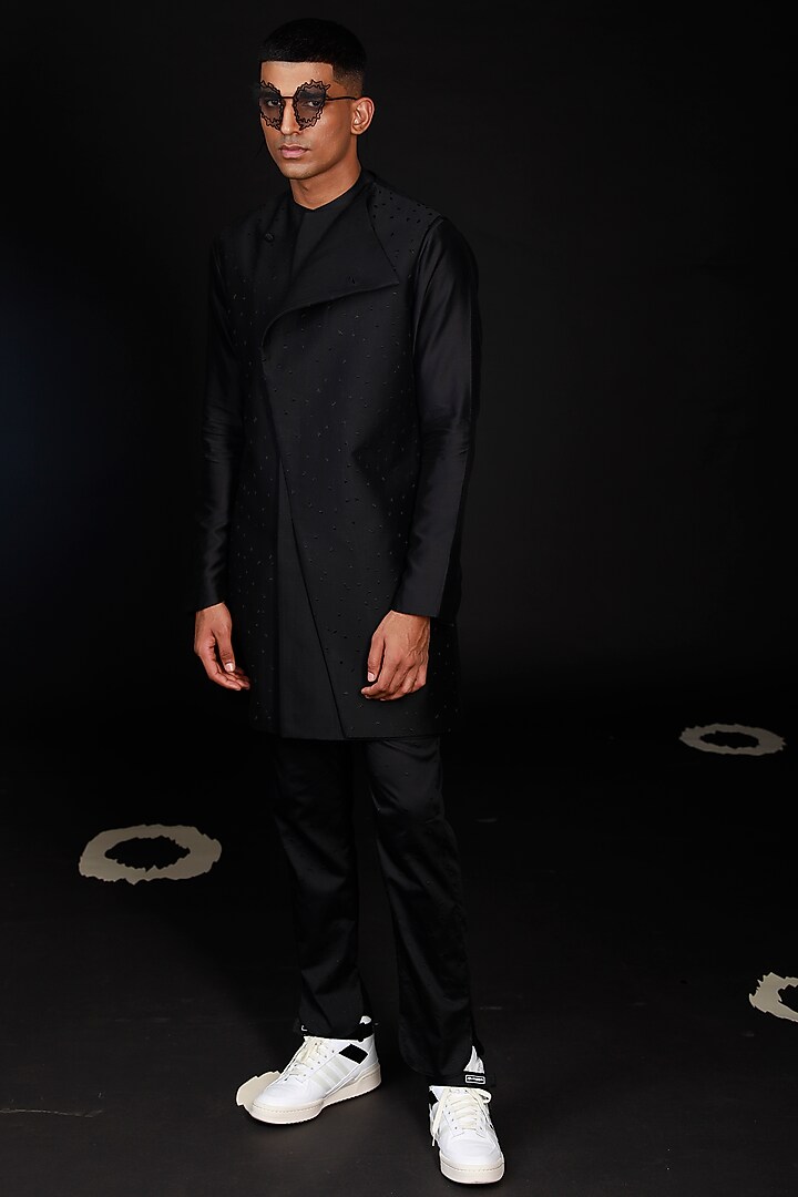 Black Cotton Silk Waistcoat by Antar Agni Men at Pernia's Pop Up Shop
