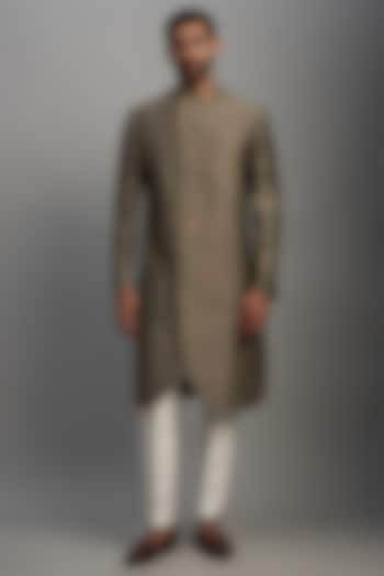 Mud Green Cotton Silk Sherwani by Antar Agni Men