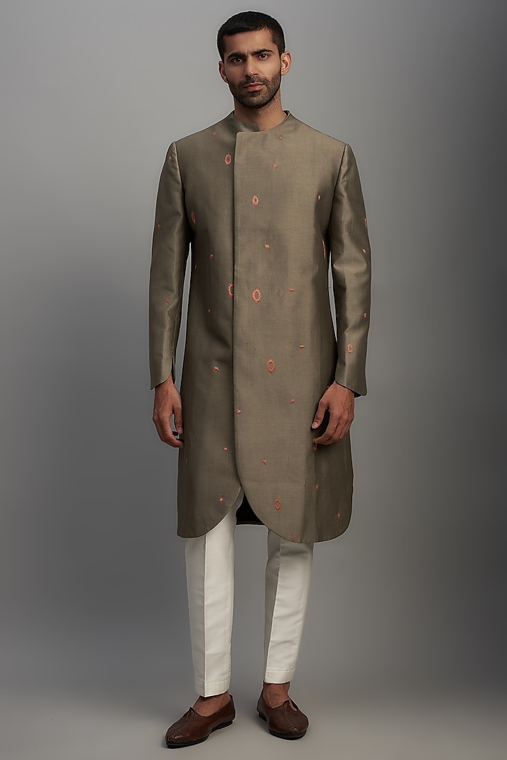 Mud Green Cotton Silk Sherwani by Antar Agni Men