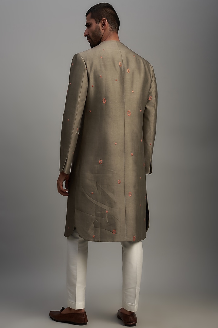 Mud Green Cotton Silk Wedding Sherwani by Antar Agni Men at Pernia's Pop Up Shop