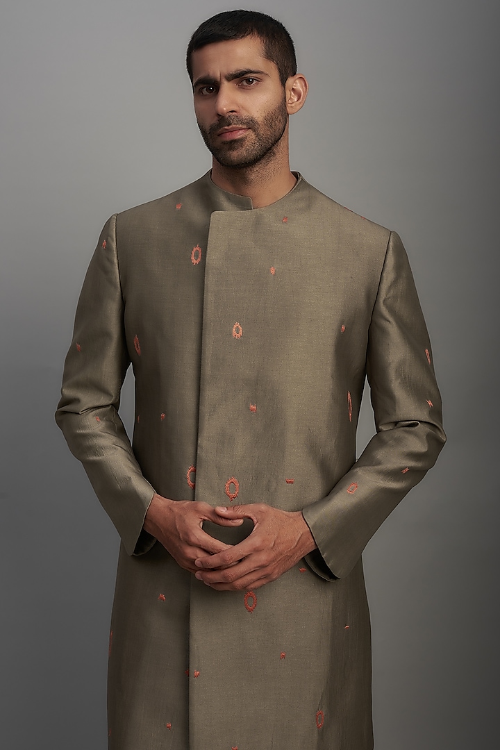 Mud Green Cotton Silk Wedding Sherwani by Antar Agni Men at Pernia's Pop Up Shop