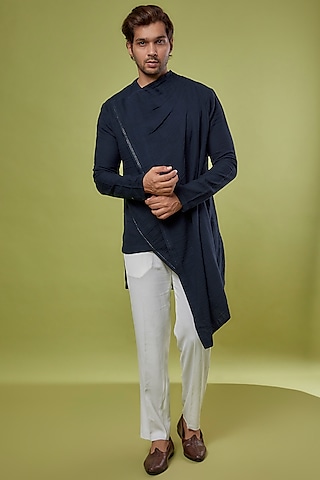 Navy Blue Linen Blend Kurta by Antar Agni Men