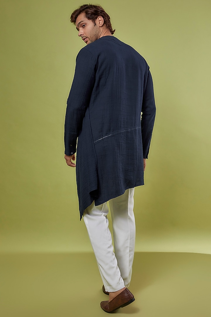 Navy Blue Linen Blend Kurta by Antar Agni Men at Pernia's Pop Up Shop