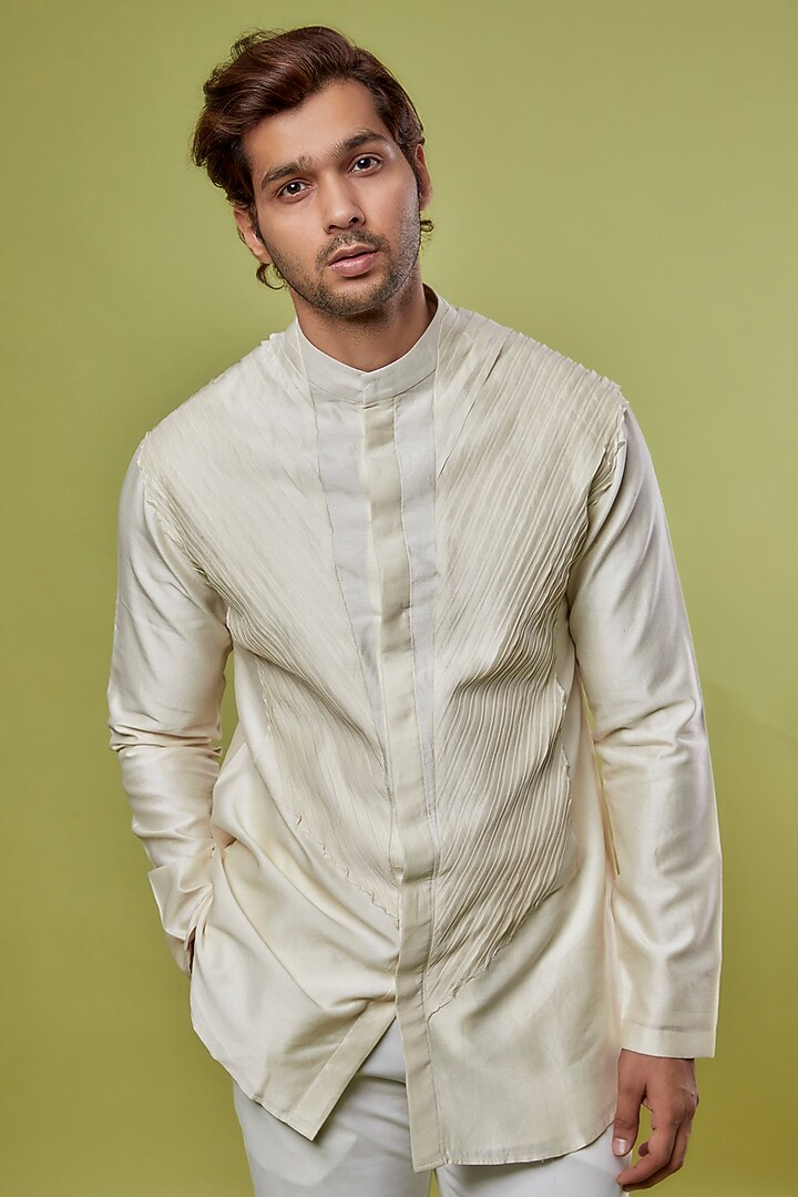 Beige Linen Wedding Shirt by Antar Agni Men at Pernia's Pop Up Shop