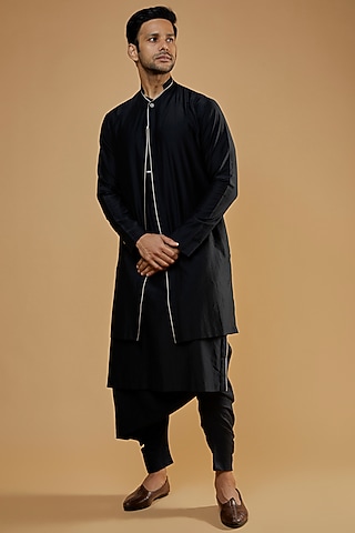 Black Cotton Silk Kurta by Antar Agni Men