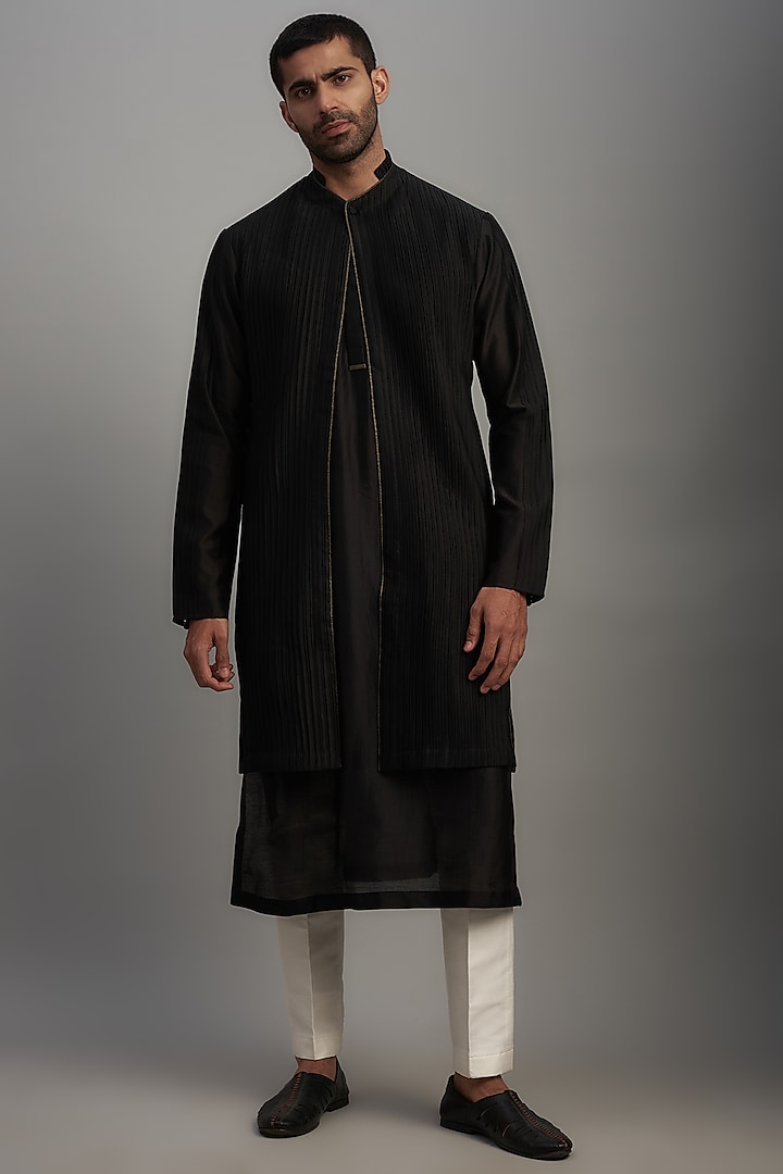 Black Cotton Silk Layered Kurta by Antar Agni Men