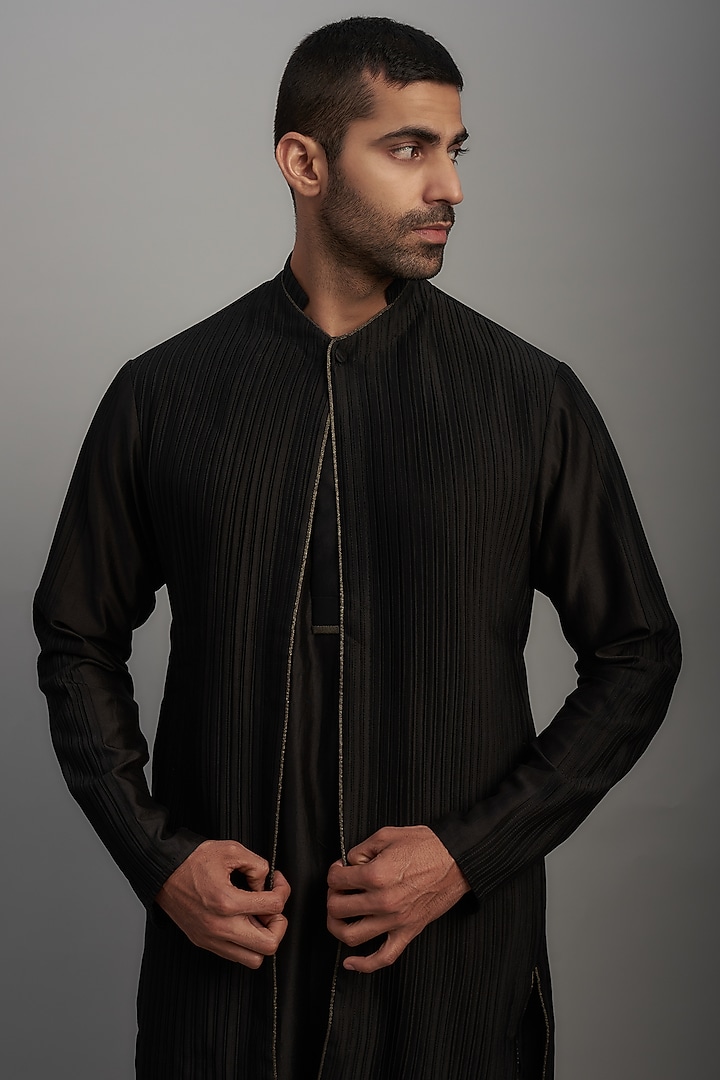 Black Cotton Silk Layered Kurta by Antar Agni Men at Pernia's Pop Up Shop