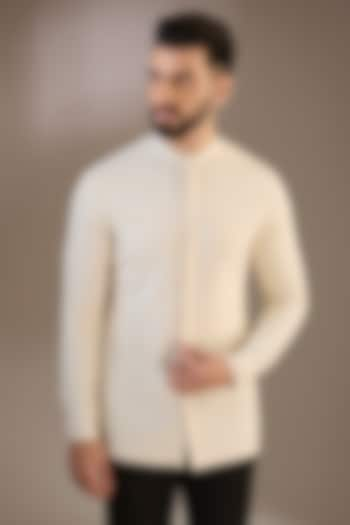 Ivory Cotton Silk Hand Embroidered Short Kurta by Antar Agni Men