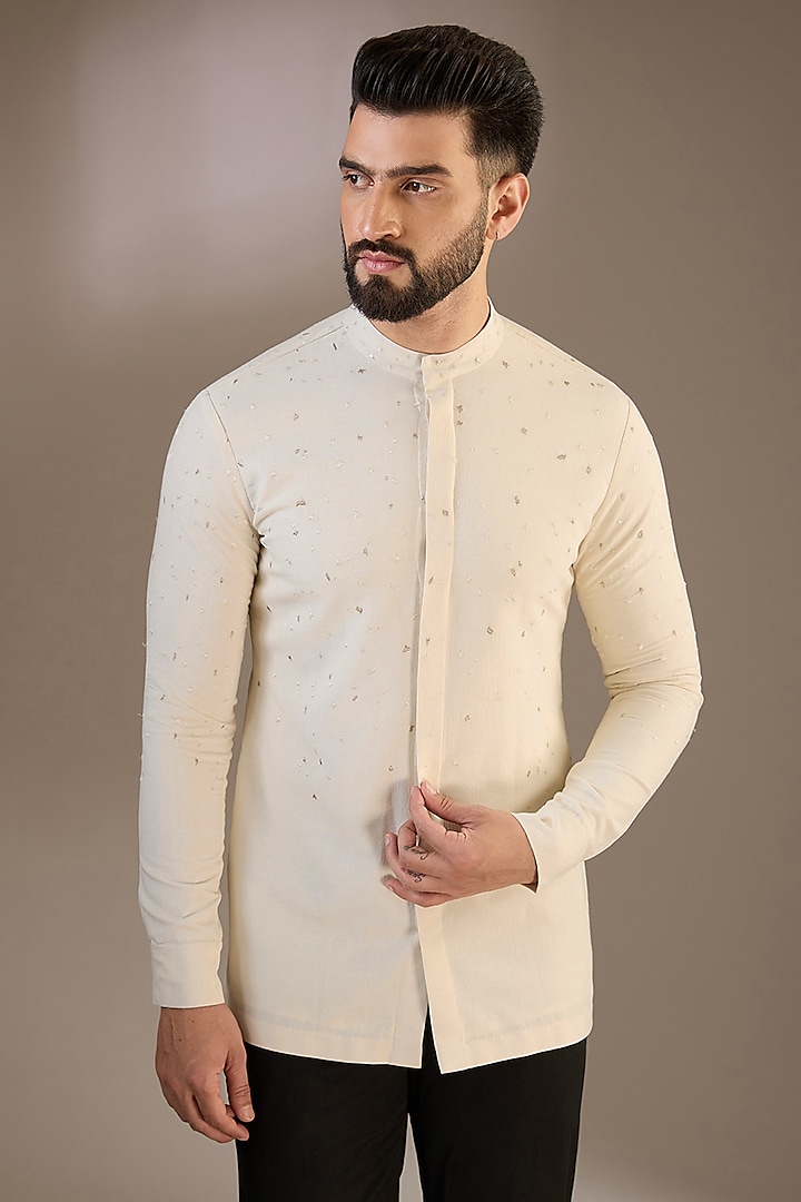 Ivory Cotton Silk Hand Embroidered Short Kurta by Antar Agni Men