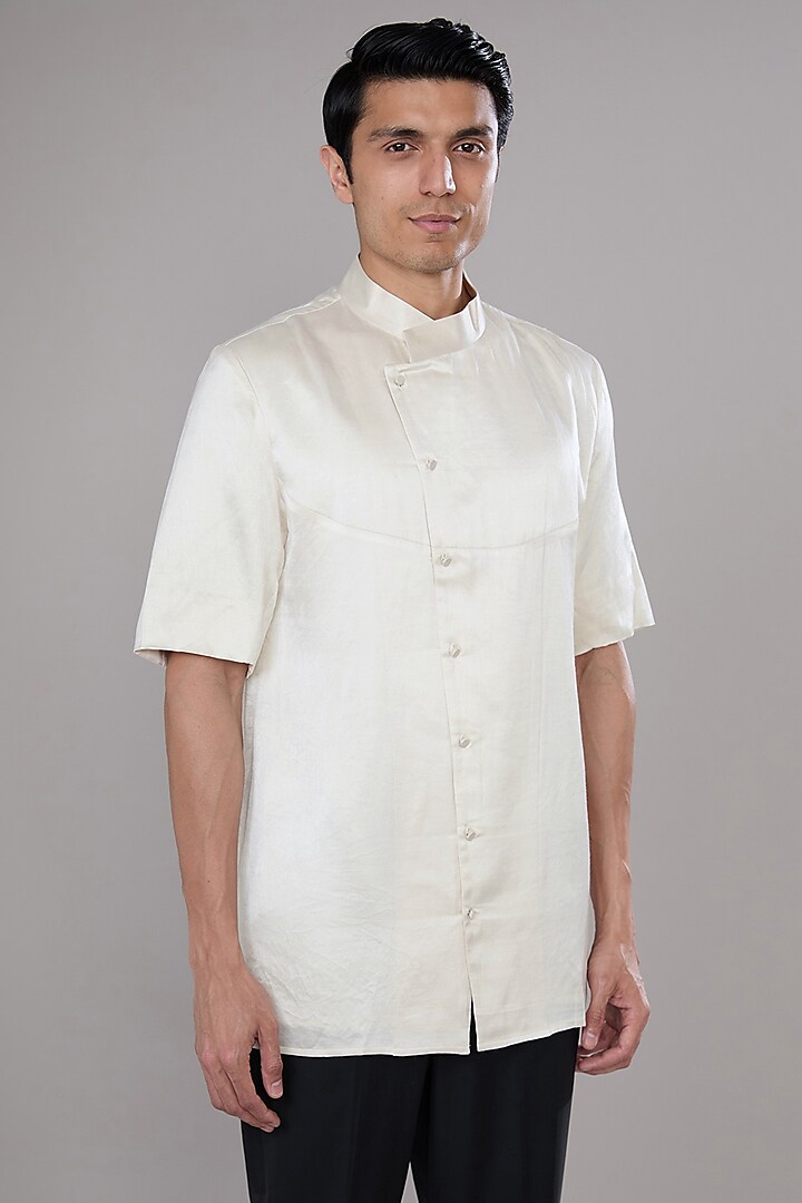 Ivory Muga Satin Short Kurta by Antar Agni Men