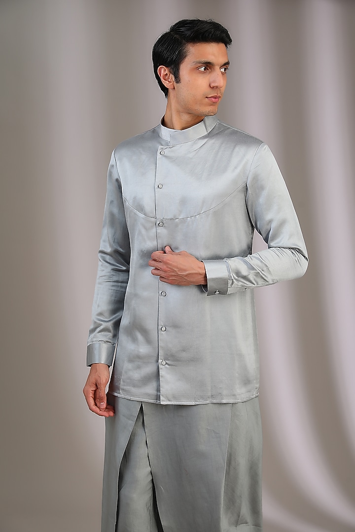 Light Blue Muga Satin Wedding Shirt by Antar Agni Men at Pernia's Pop Up Shop