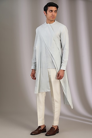 Ice Blue Cotton Satin Asymmetric Kurta by Antar Agni Men