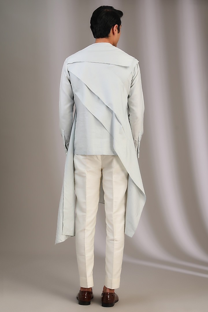 Ice Blue Cotton Satin Asymmetric Kurta by Antar Agni Men at Pernia's Pop Up Shop