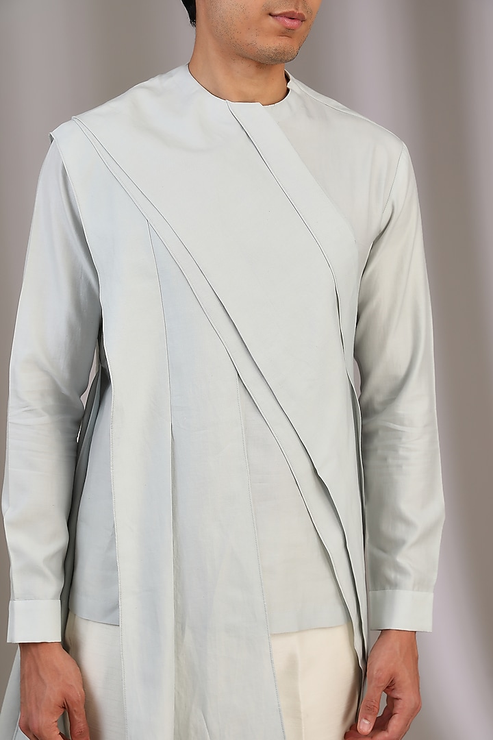 Ice Blue Cotton Satin Asymmetric Kurta by Antar Agni Men at Pernia's Pop Up Shop