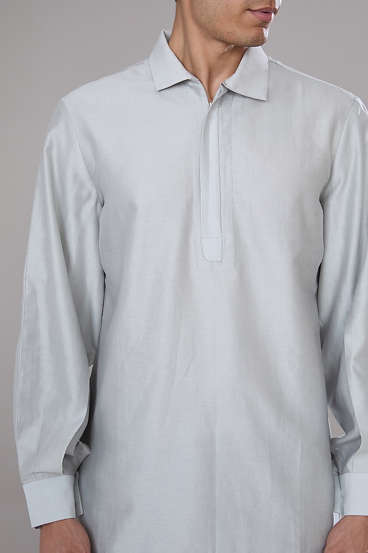 Ice Blue Cotton Silk Short Kurta by Antar Agni Men at Pernia's Pop Up Shop