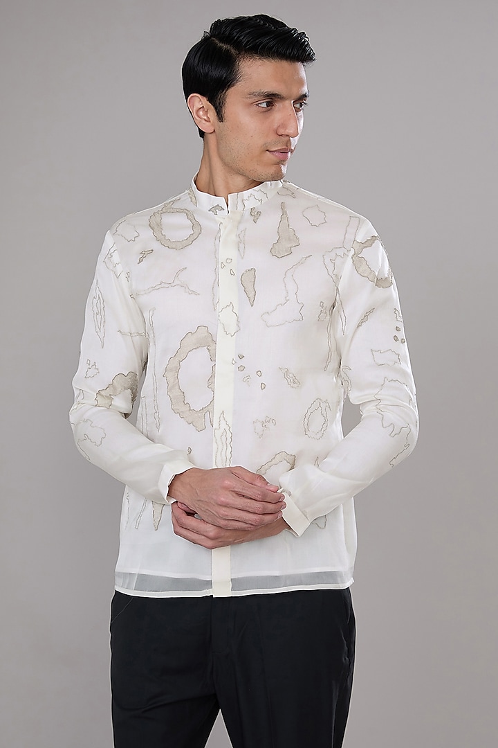 White Organza Satin Emboidered Short Kurta by Antar Agni Men