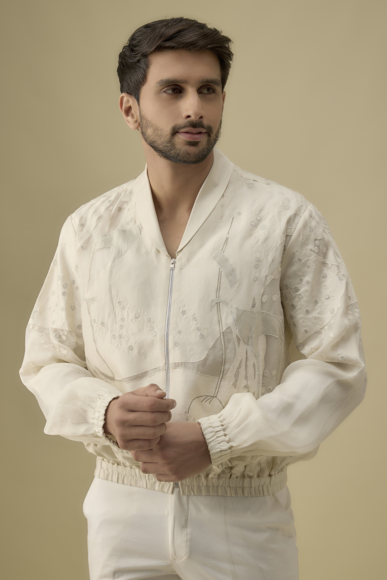 Ivory Cotton Silk Embroidered Jacket by Antar Agni Men