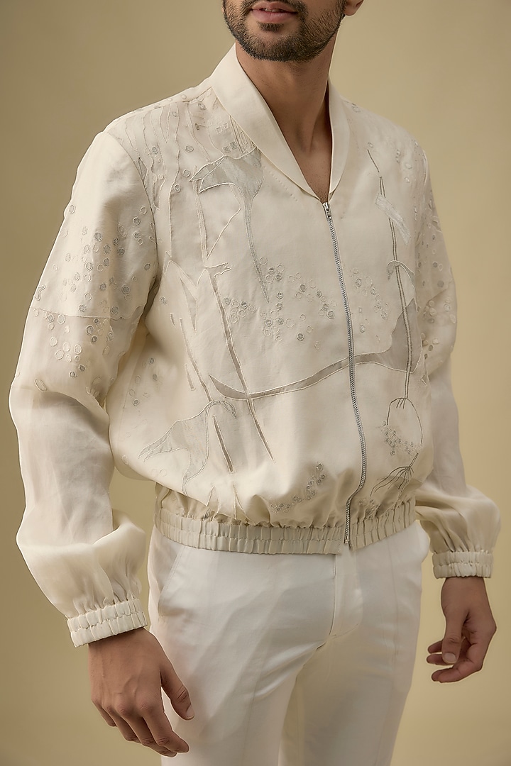 Ivory Cotton Silk Embroidered Jacket by Antar Agni Men at Pernia's Pop Up Shop