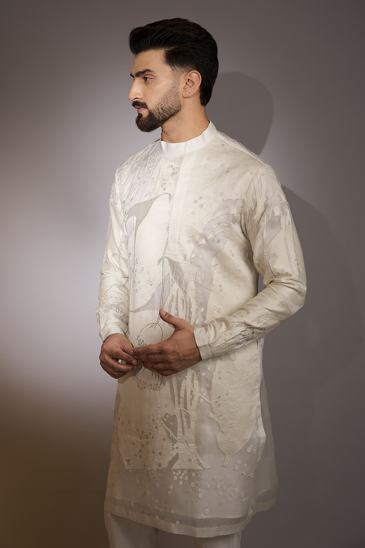 Ivory Cotton Silk Embroidered Kurta  by Antar Agni Men