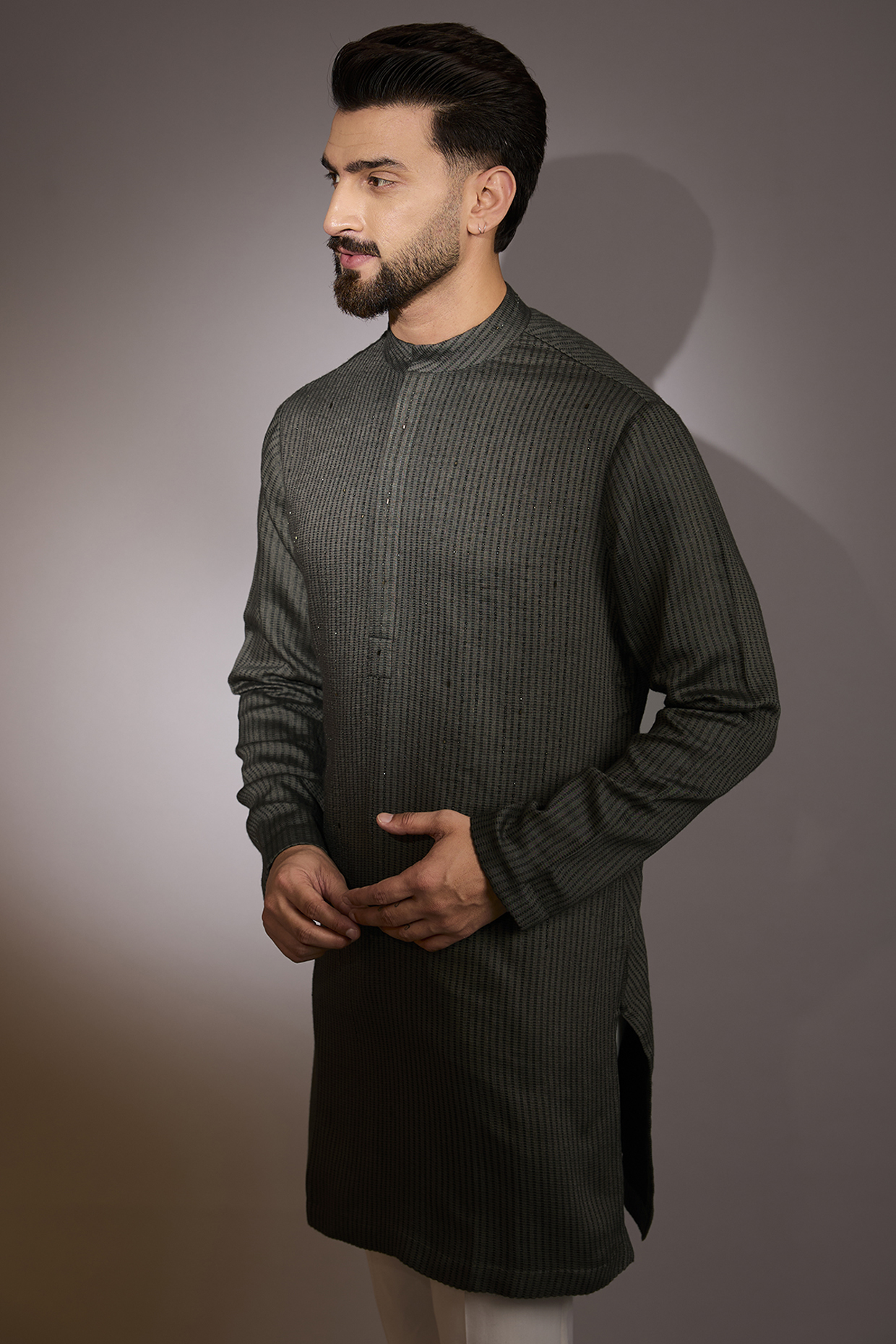 Dark Grey Cotton Silk Embroidered Kurta  by Antar Agni Men