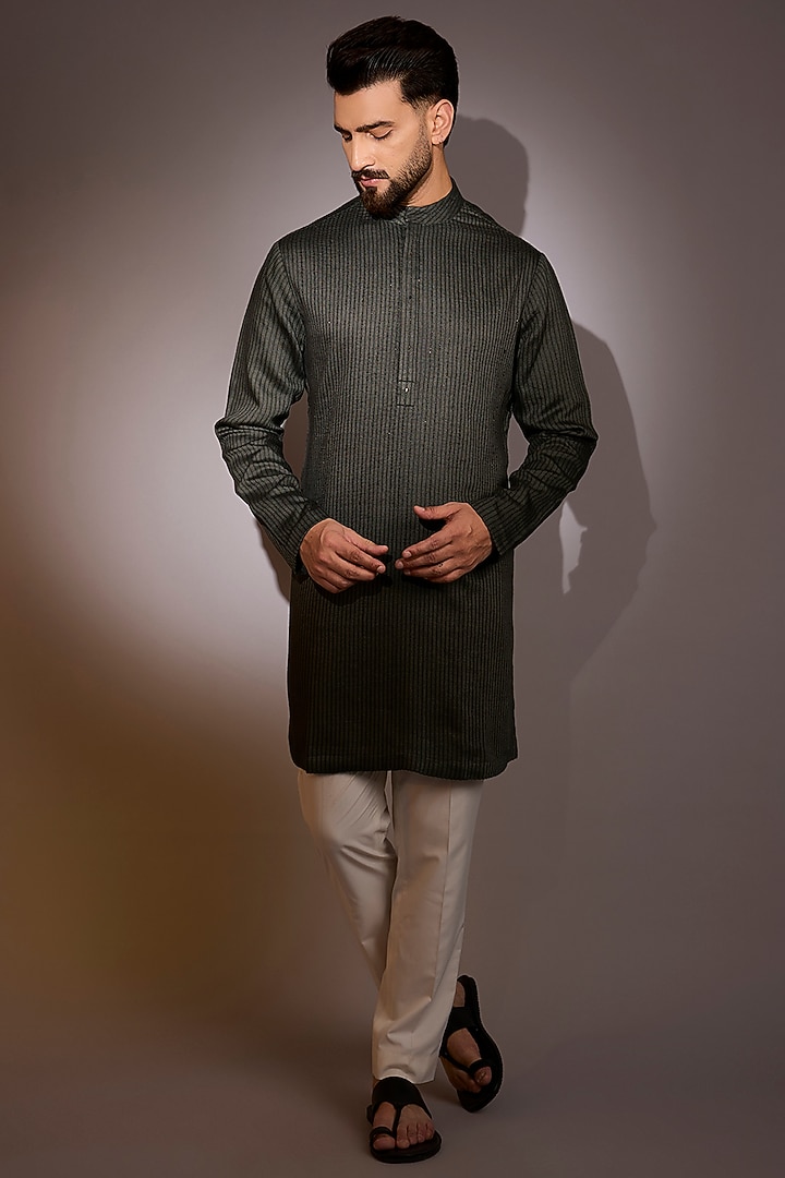 Dark Grey Cotton Silk Embroidered Kurta by Antar Agni Men at Pernia's Pop Up Shop