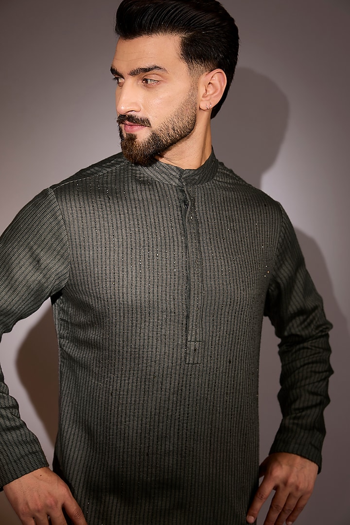 Dark Grey Cotton Silk Embroidered Kurta by Antar Agni Men at Pernia's Pop Up Shop