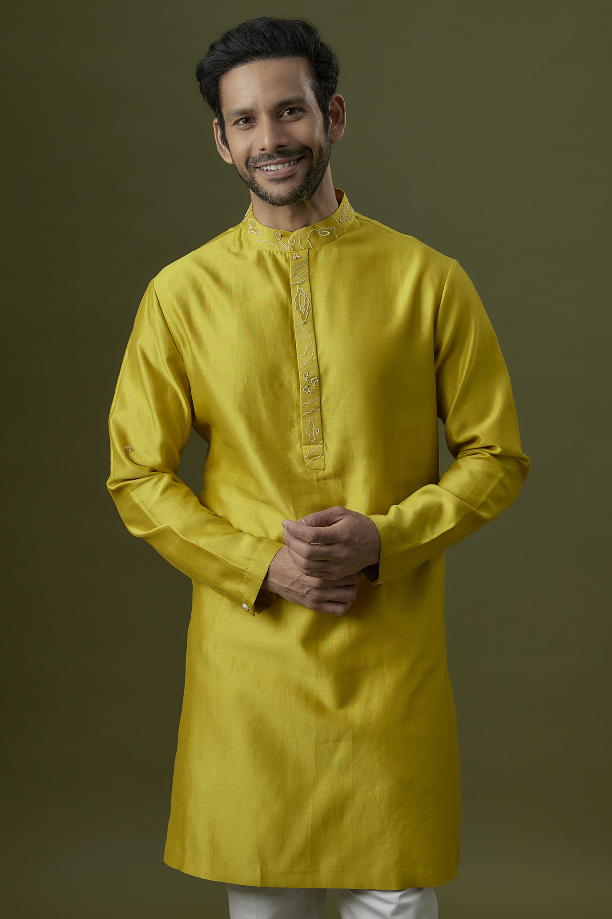Citrine yellow Cotton Silk Thread Embroidered Kurta by Antar Agni Men