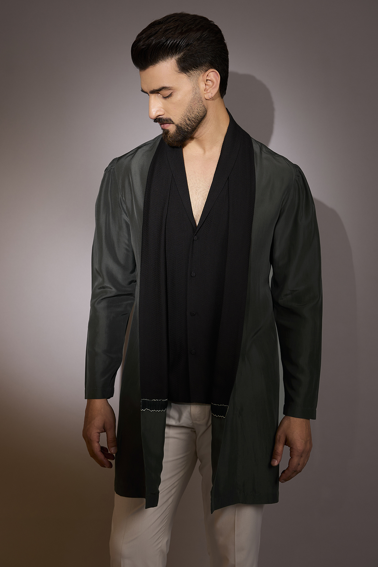 Grey Silk Blend Jacket Style Kurta by Antar Agni Men