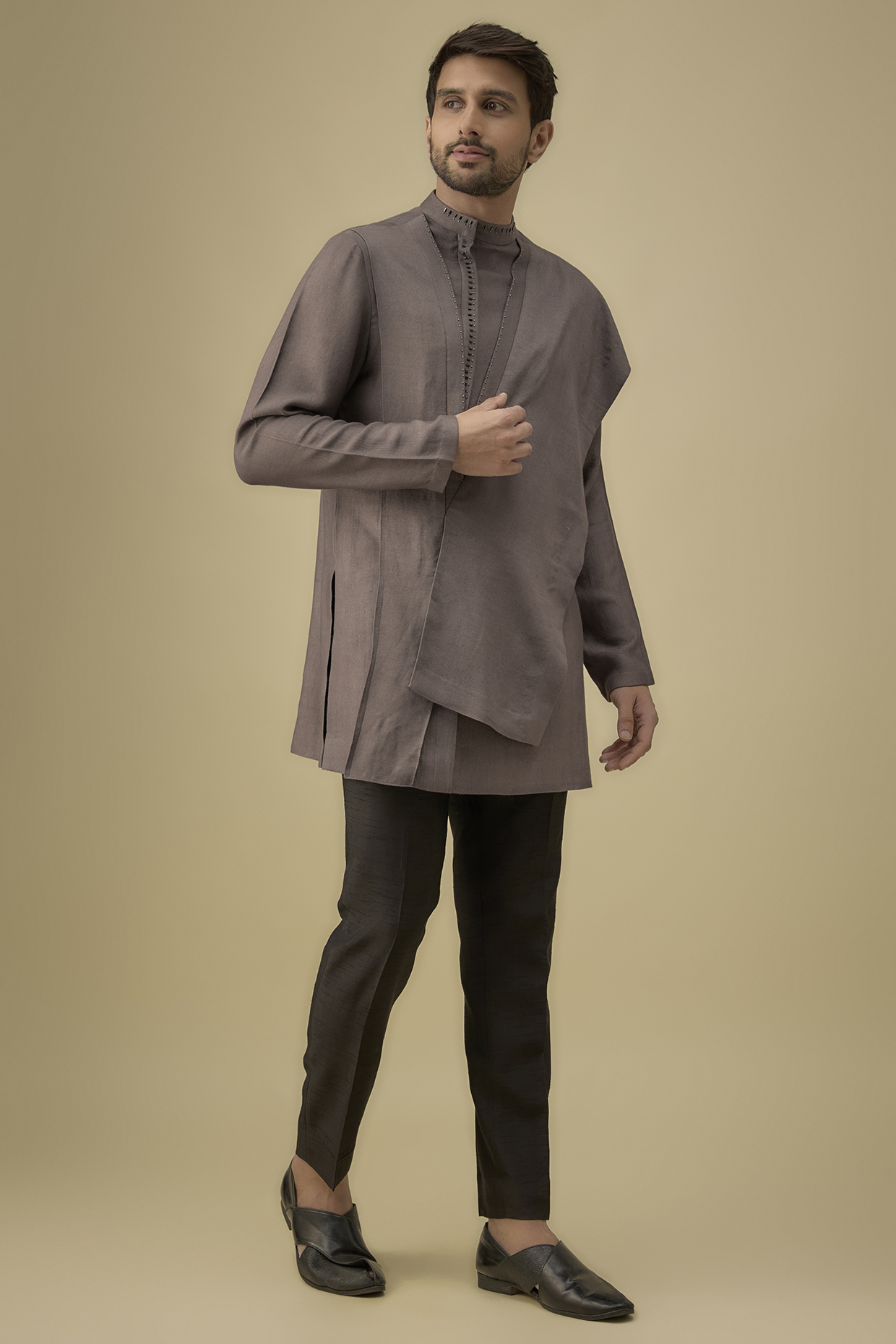 Roast Brown Cotton Silk Embroidered Kurta by Antar Agni Men