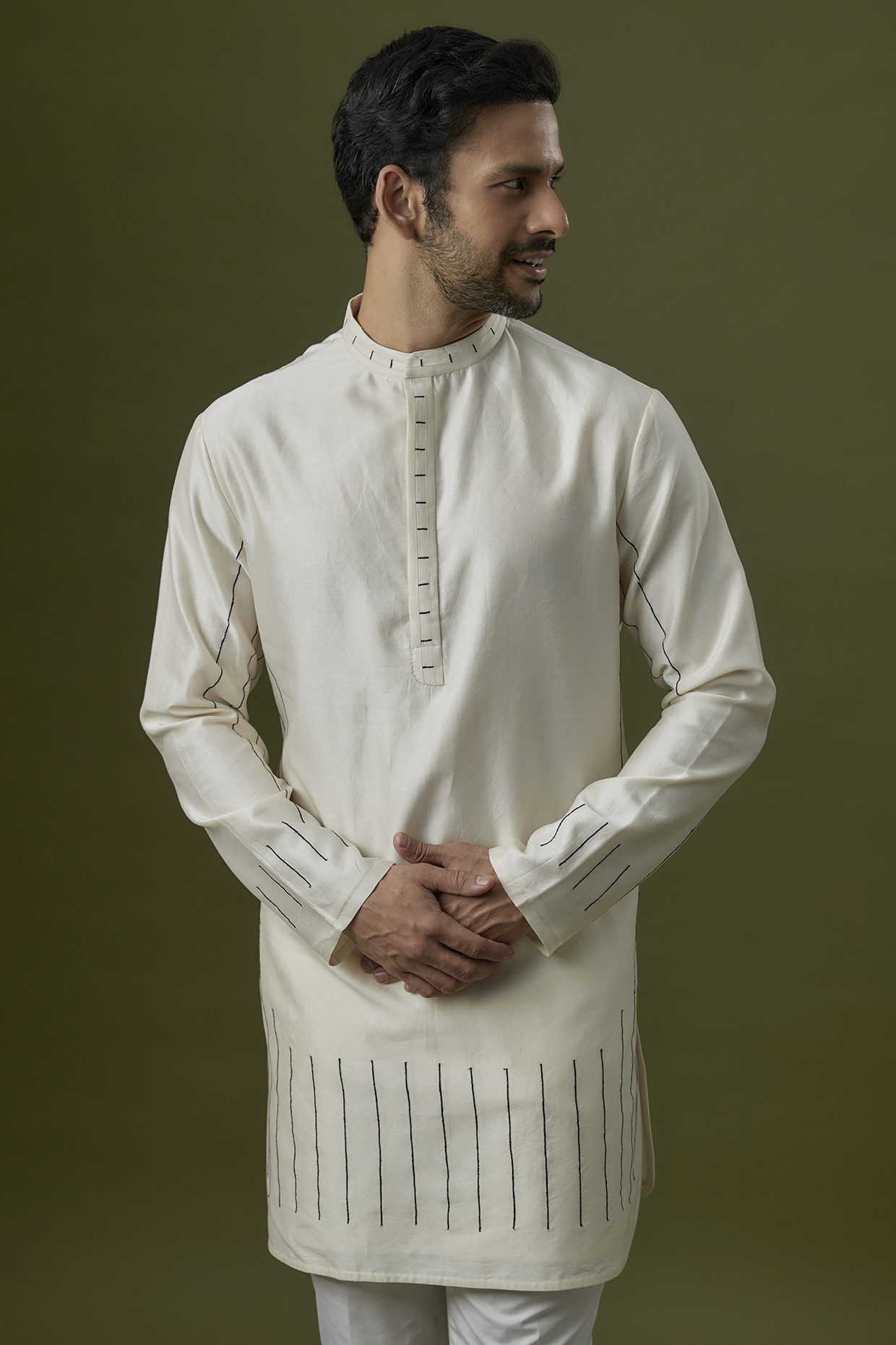 Ivory Cotton Silk Thread Embroidered Kurta by Antar Agni Men