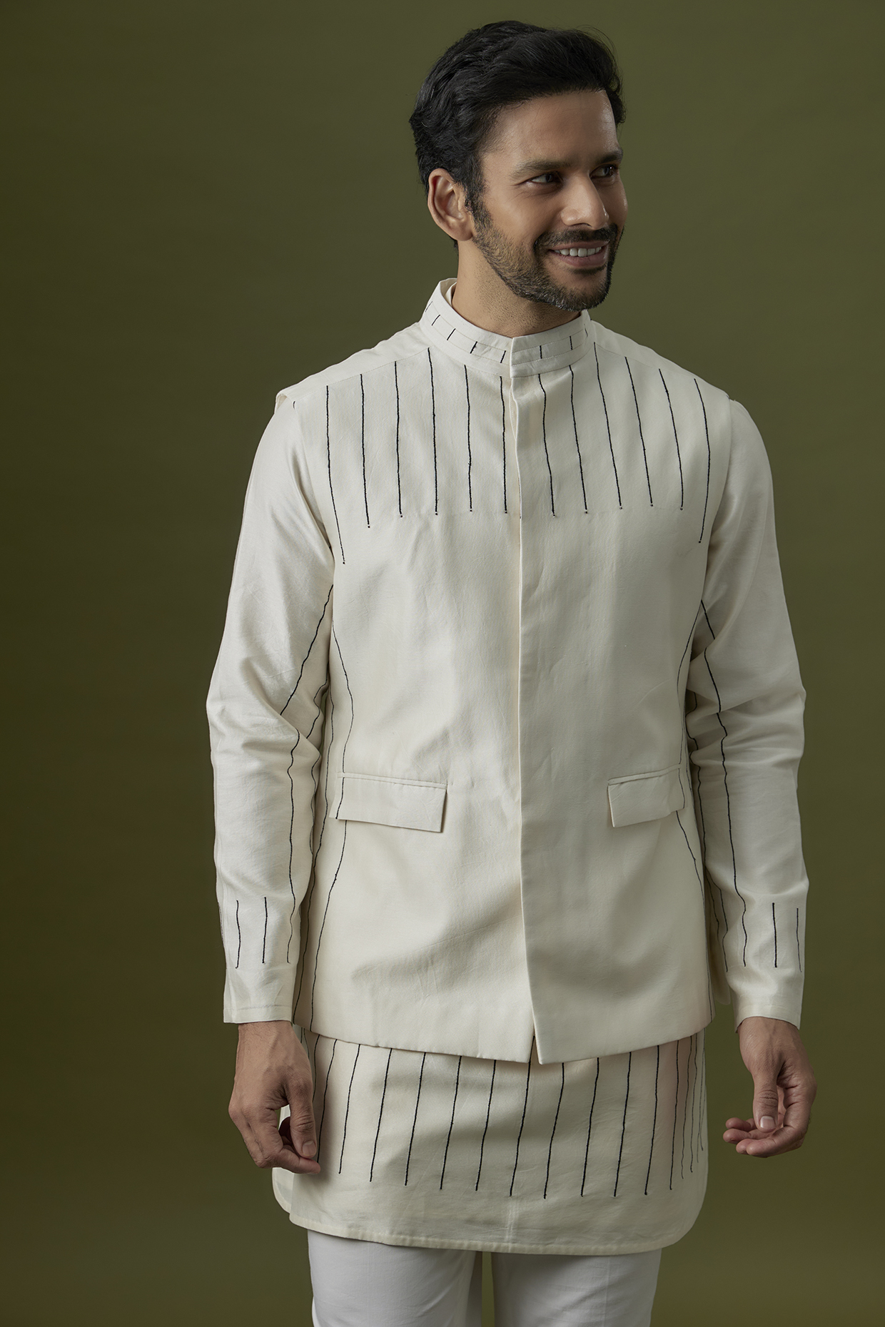 Ivory Cotton Silk Bundi Jacket by Antar Agni Men