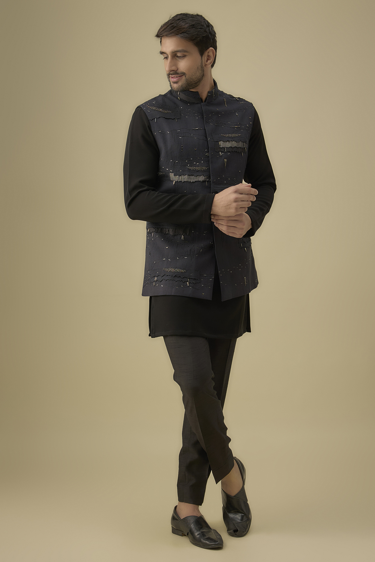 Black Cotton Silk Embroidered Bundi Jacket by Antar Agni Men