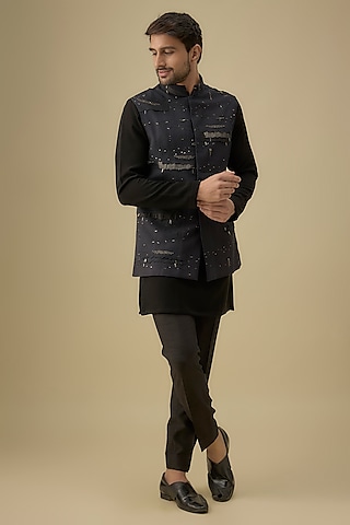 Black Cotton Silk Embroidered Bundi Jacket by Antar Agni Men