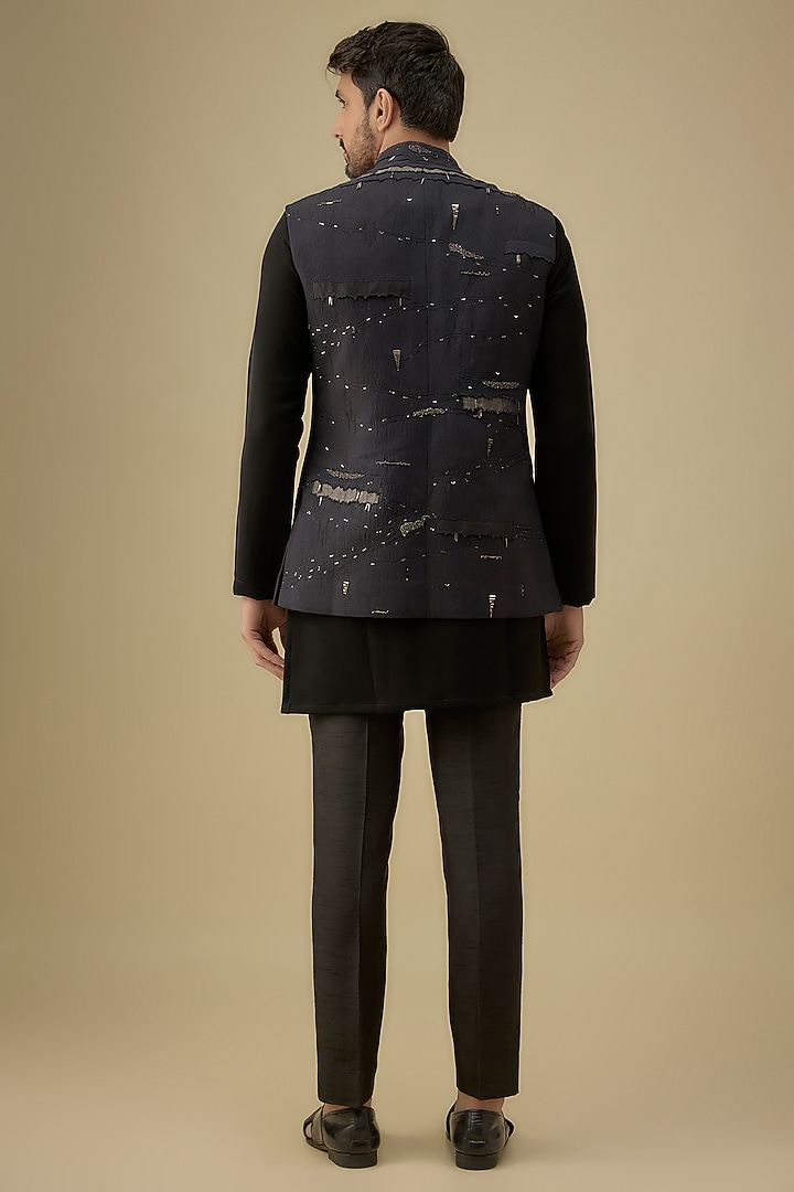 Black Cotton Silk Embroidered Bundi Jacket by Antar Agni Men at Pernia's Pop Up Shop