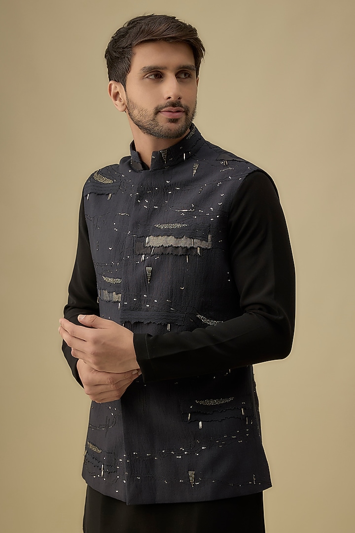 Black Cotton Silk Embroidered Bundi Jacket by Antar Agni Men at Pernia's Pop Up Shop