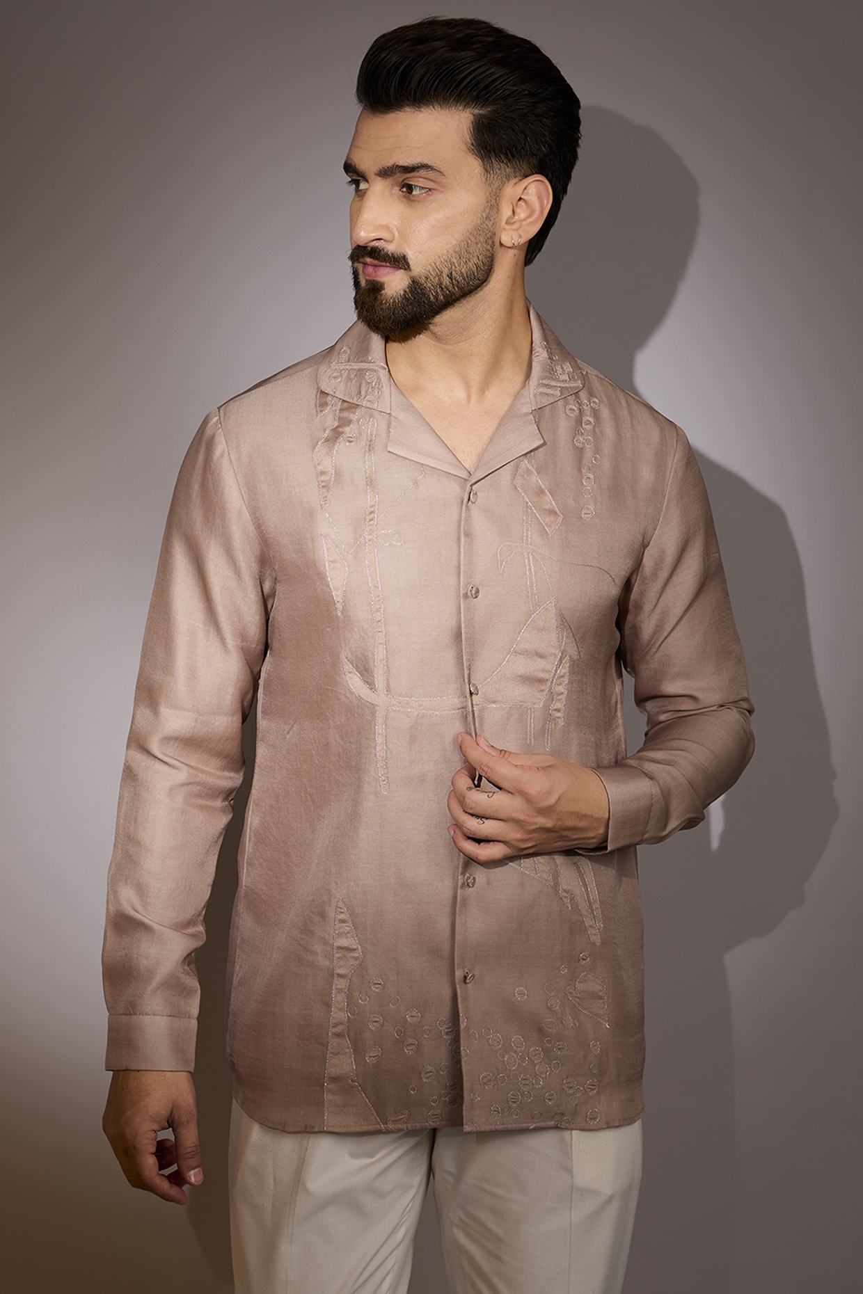 Rose Taupe Silk Embroidered Shirt by Antar Agni Men