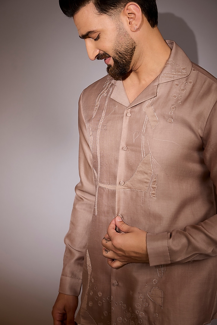 Rose Taupe Cotton Silk Embroidered Wedding Shirt by Antar Agni Men at Pernia's Pop Up Shop