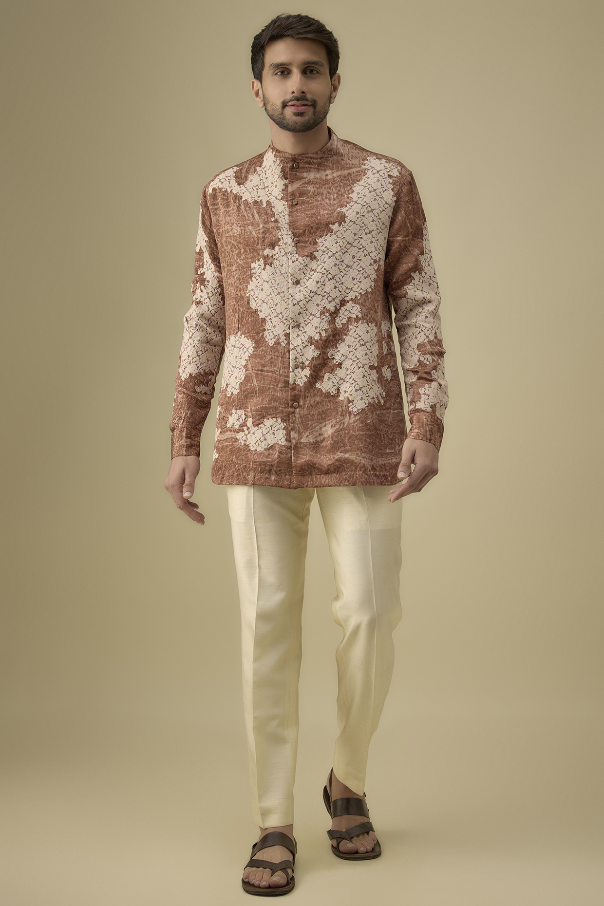 Rust Cotton Silk Printed & Embroidered Kurta by Antar Agni Men