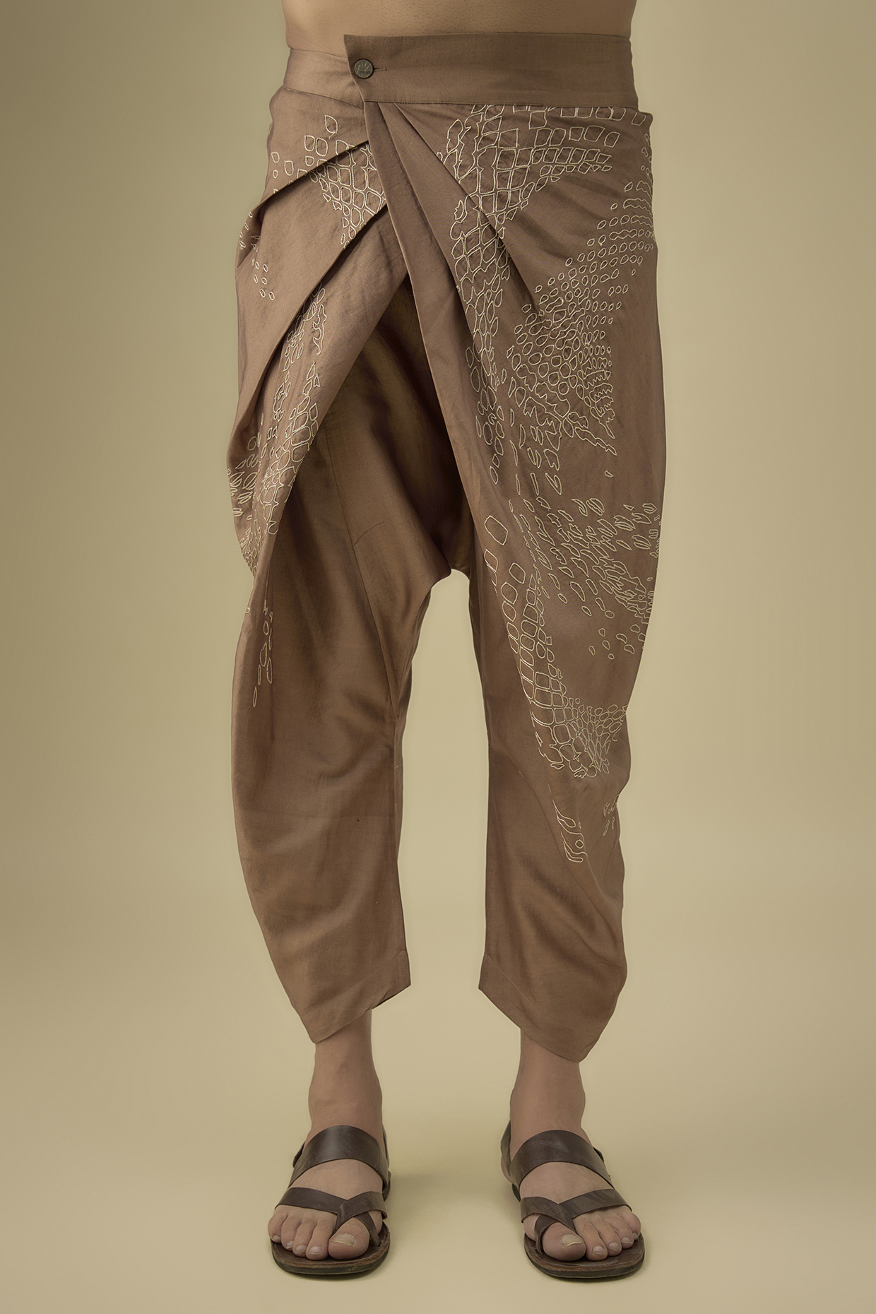 Caramel Cotton Silk Blend Pleated Pants by Antar Agni Men