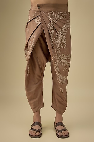Caramel Cotton Silk Blend Pleated Pants by Antar Agni Men