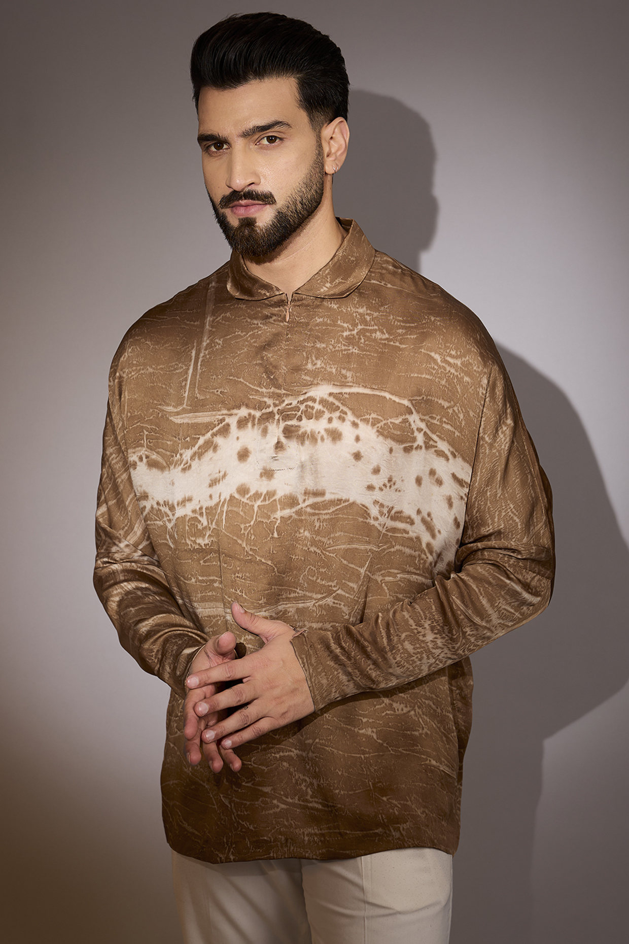 Tan Silk Printed Short Kurta by Antar Agni Men