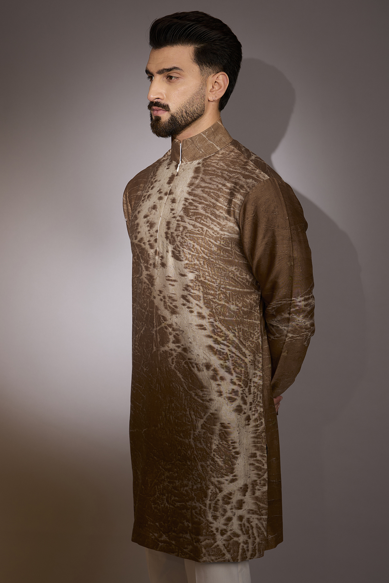 Tan Silk Printed Kurta by Antar Agni Men