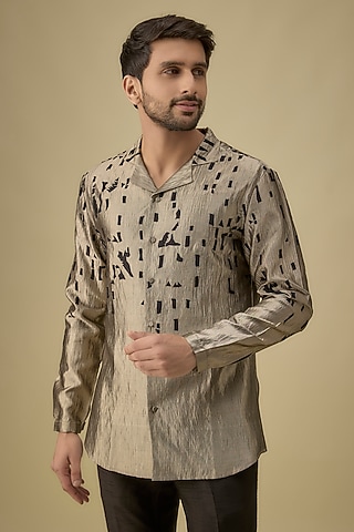 Gold Silk Embroidered Shirt by Antar Agni Men